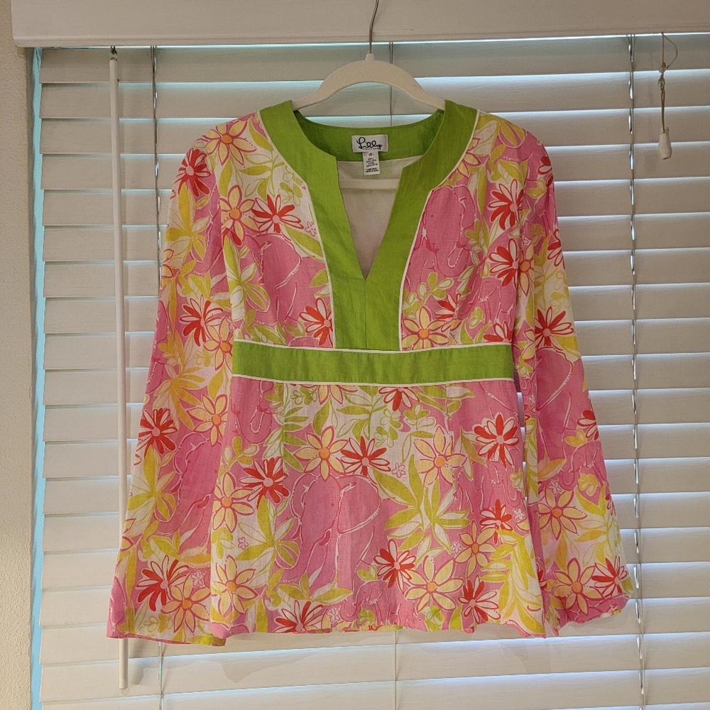 Lilly Pulitzer Linen Top Garden Vista Size XS Pink Green Floral Long Bell Sleeve